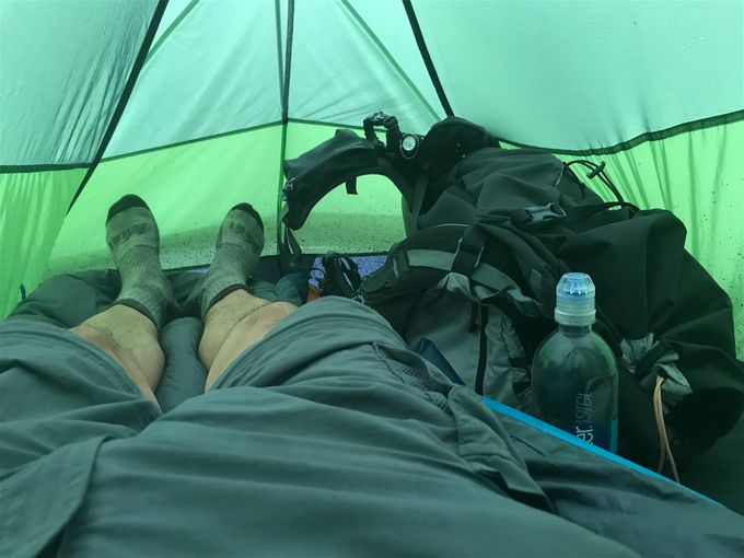 Waiting out rain and for room service from tent. Don’t know why it is taking so long!